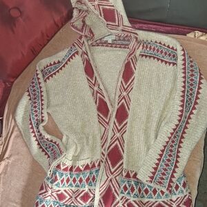 Lucky Brand Red and Cream Hooded Cardigan